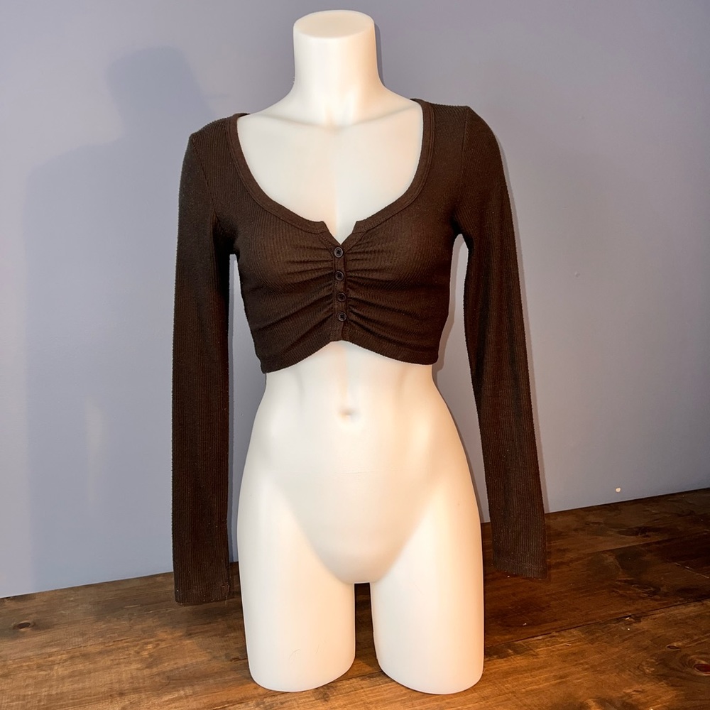 Dark Gray Long Sleeved Henley Crop Top
